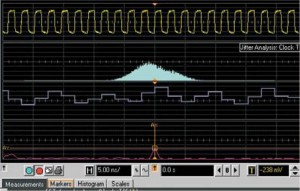 Figura 2: analisi del jitter di un clock mediante rappresentazione multitraccia di un segnale rilevato con oscilloscopio digitale