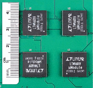 Figura 2: un sistema μModule CC/CC a quattro uscite da 103 W che utilizza l’LTM4601 su una scheda a circuiti stampati a quattro livelli.