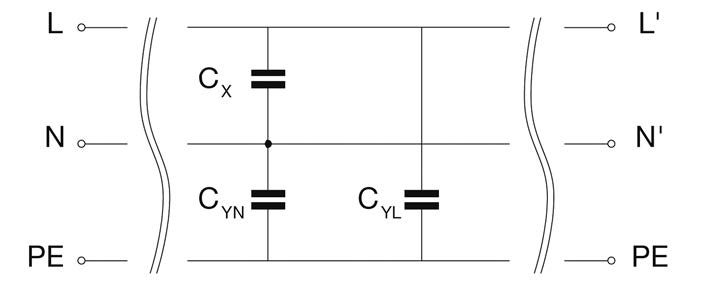 Figura 3: rete di condensatori in un filtro trifase.
