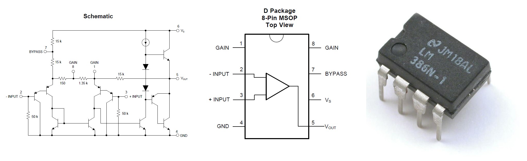 Figura 2: il circuito interno dell'integrato, il pinout e il package dell'LM386