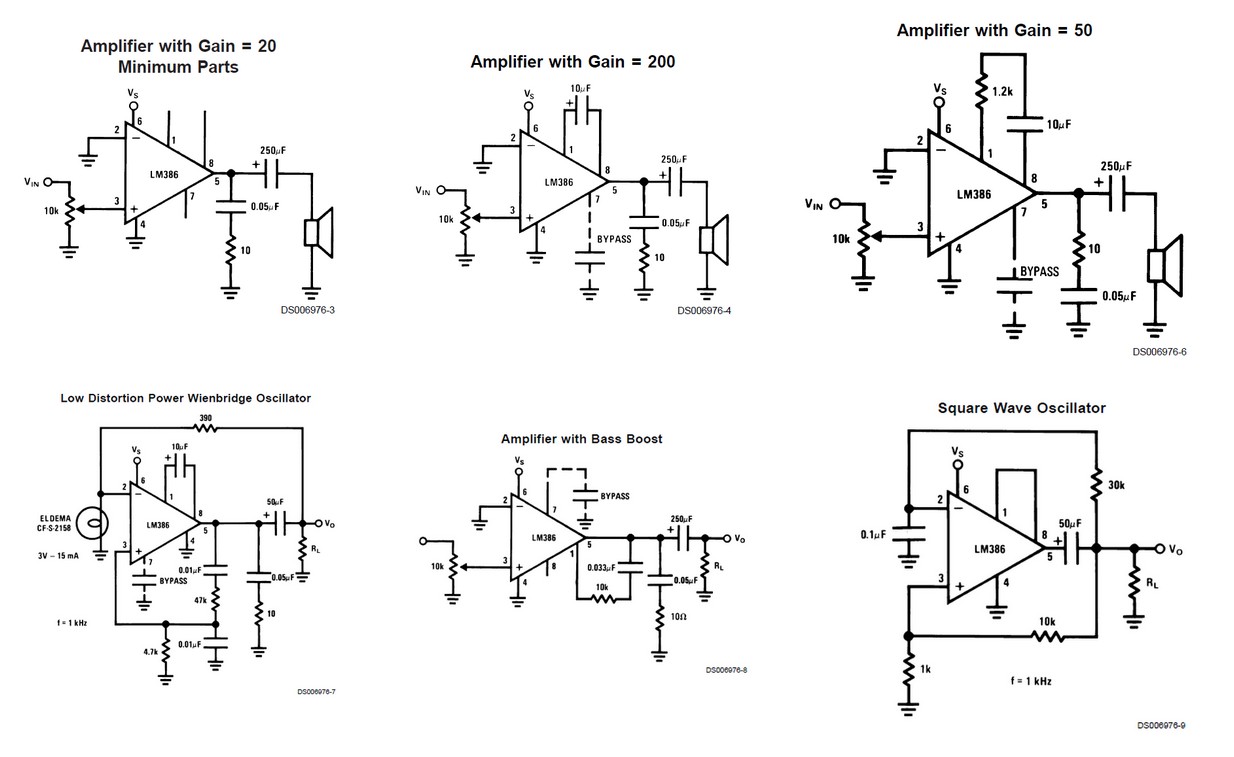 Figura 11: alcune soluzioni circuitali con l'integrato lm386