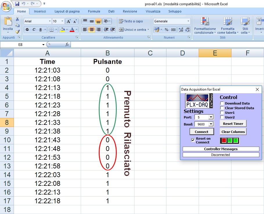 Figura 5: la comunicazione in corso tra Arduino ed Excel