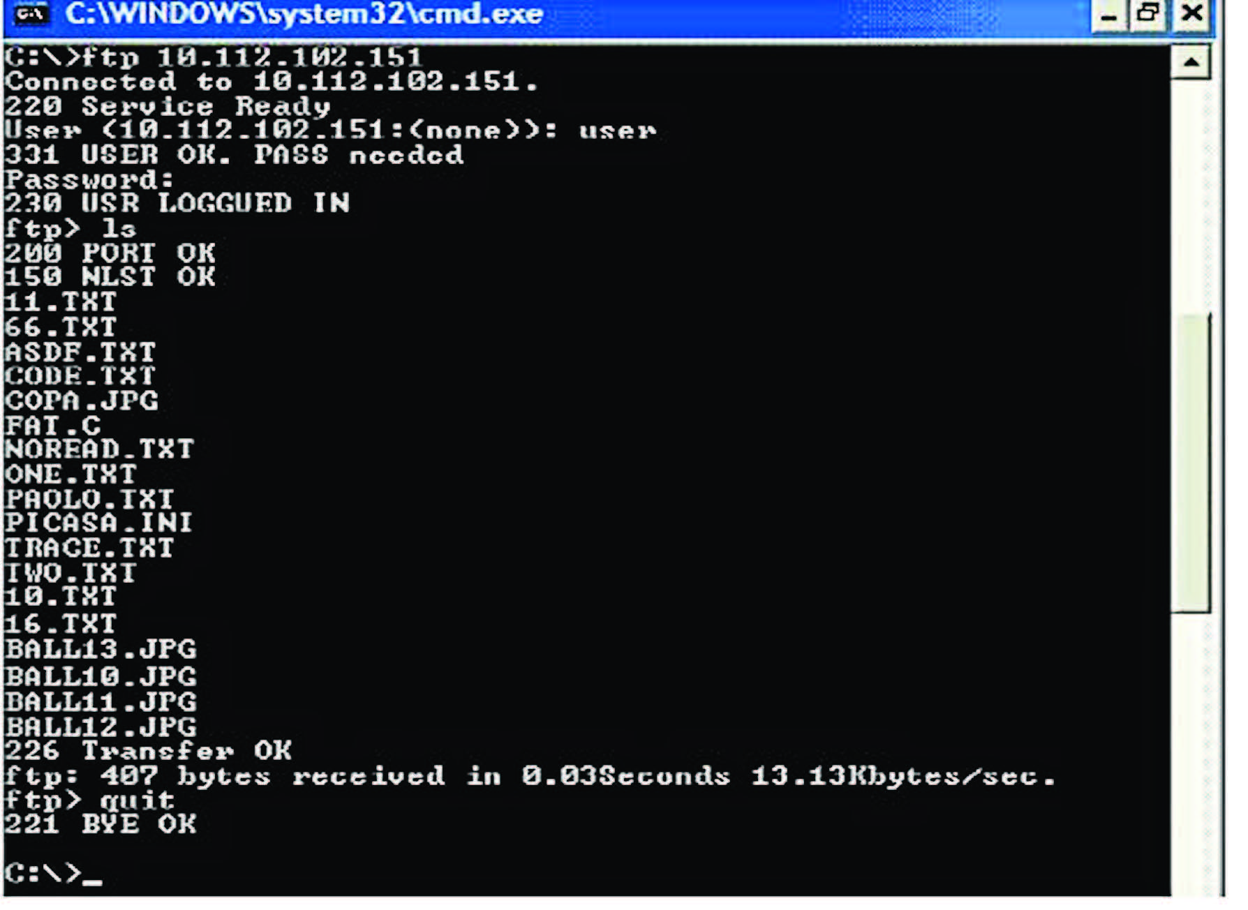 Figura 6: comando FTP Client da Microsoft Window con MCF51CN128.