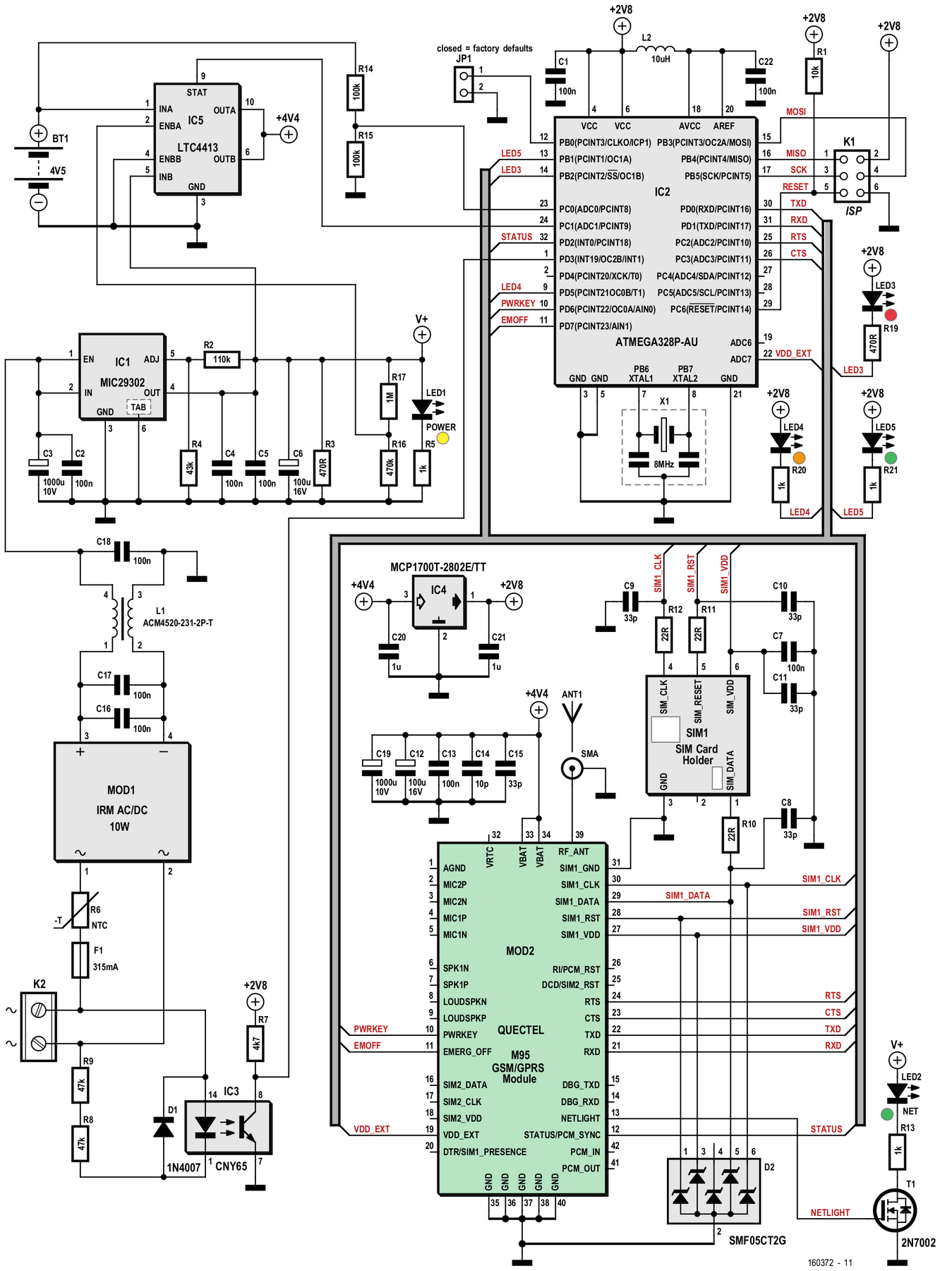 Figura 2: lo schema elettrico del circuito del rivelatore d'interruzione di corrente è abbastanza facile da comprendere dopo aver esaminato lo schema a blocchi. Il componente principale è il microcontrollore AVR (IC2)