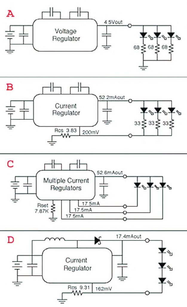 Figura 3: quatto circuiti diversi per pilotare tre LED bianchi.