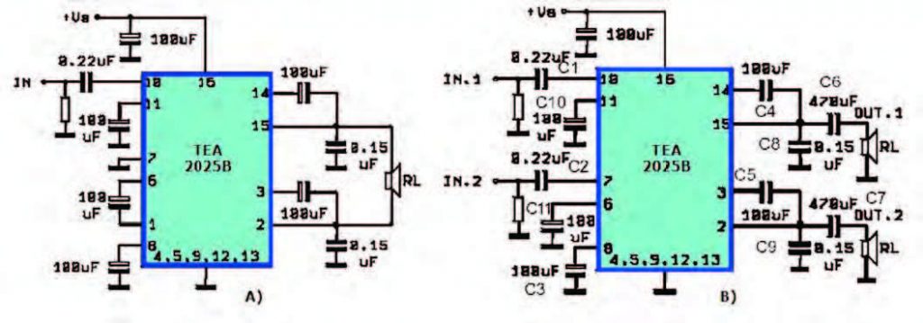 Figura 9: amplificatore integrato TEA2025 utilizzato in Bridge Mode (A) ed in Stereo Mode (B) [6].