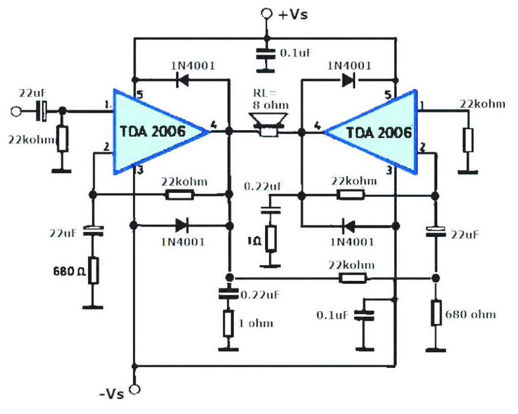 Figura 6: due Amplificatori audio integrati TDA2006 in connessione bridge [4].