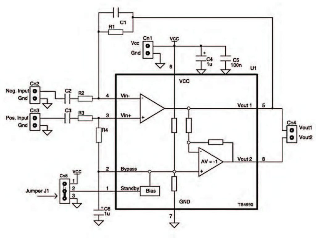 Figura 11 schema interno ed applicazione circuitale dell’amplificatore audio integrato low voltage TS4990 [7].