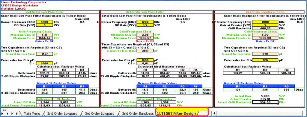 Figura 21: all’interno della pagina LT1567 Filter Design sono riportati i dati e i risultati del calcolo inerenti il dimensionamento dei circuiti di filtro cui sono riservate le pagine descritte nelle precedenti figure 18, 19 e 20