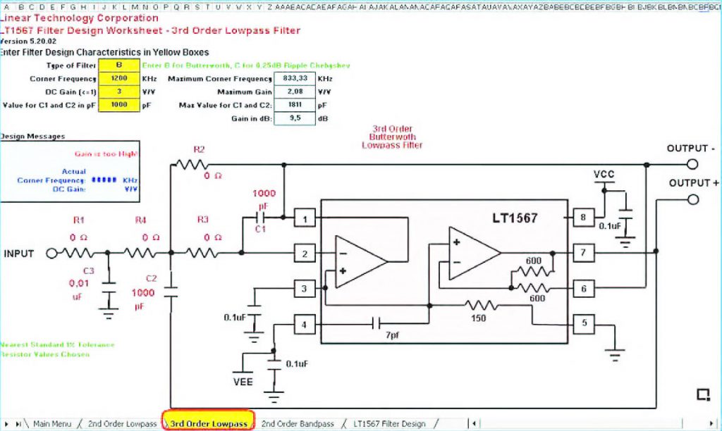 Figura 19: la pagina “3rd Order Low Pas”s è un foglio di calcolo all’interno del quale è possibile dimensionare un filtro passa-basso del terzo ordine realizzato intorno al chip LT1567