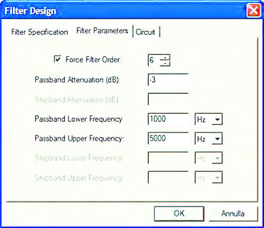 Figura 7: l’utente può imporre l’ordine del filtro attraverso il check-box “Force Filter Order” della pagina Filter Parameters del form Filer Design. Alcune dei parametri caratteristici che definiscono la selettività sono in questo caso determinate automaticamente dal CAD.