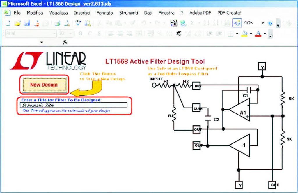 Figura 22: pagina principale del foglio di calcolo “LT1568 Active Fileter Design Tool”. Si noti la struttura generale del filtro, l’area in cui inserire il titolo del progetto e il pulsante di avvio della configurazione automatica del circuito