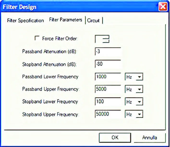 Figura 6: pagina “Filter Parameters” del form Filter Design. All’interno di questa pagina vanno inseriti i valori dei parametri che definiscono le caratteristiche di selettività del filtro.