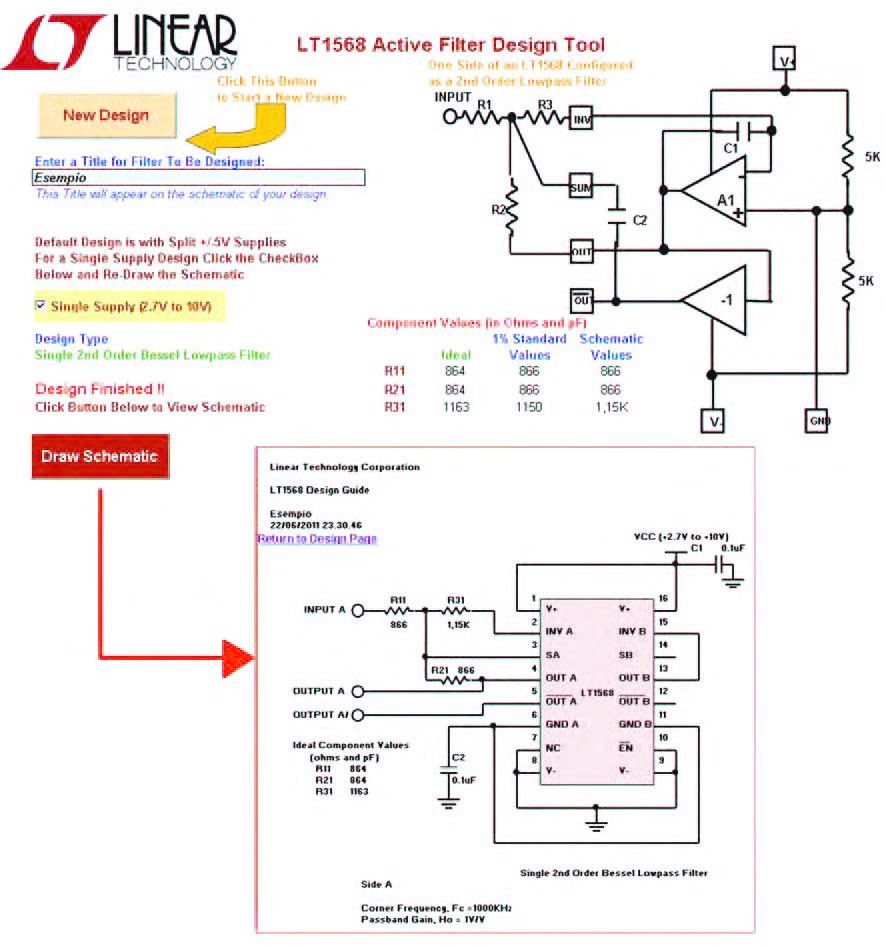 Figura 25: qualunque percorso di progetto si sia seguito all’interno del foglio di calcolo LT 1568 Filter Design, alla fine di esso si giunge al dimensionamento di tutti i componenti passivi esterni che concorrono a comporre il circuito di filtro e alla presentazione a video del circuito completamente dimensionato