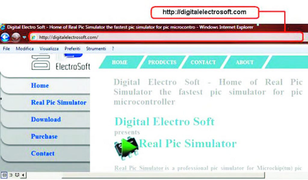 Figura 1: dal sito web di Digital Electro Soft (http://digitalelectrosoft.com/) è possibile effettuare il download della versione trial di Real PIC Simulator (v. 1.3) caratterizzata da alcune limitazioni rispetto a quella dotata di licenza e da un periodo di validità di 30 giorni [1].