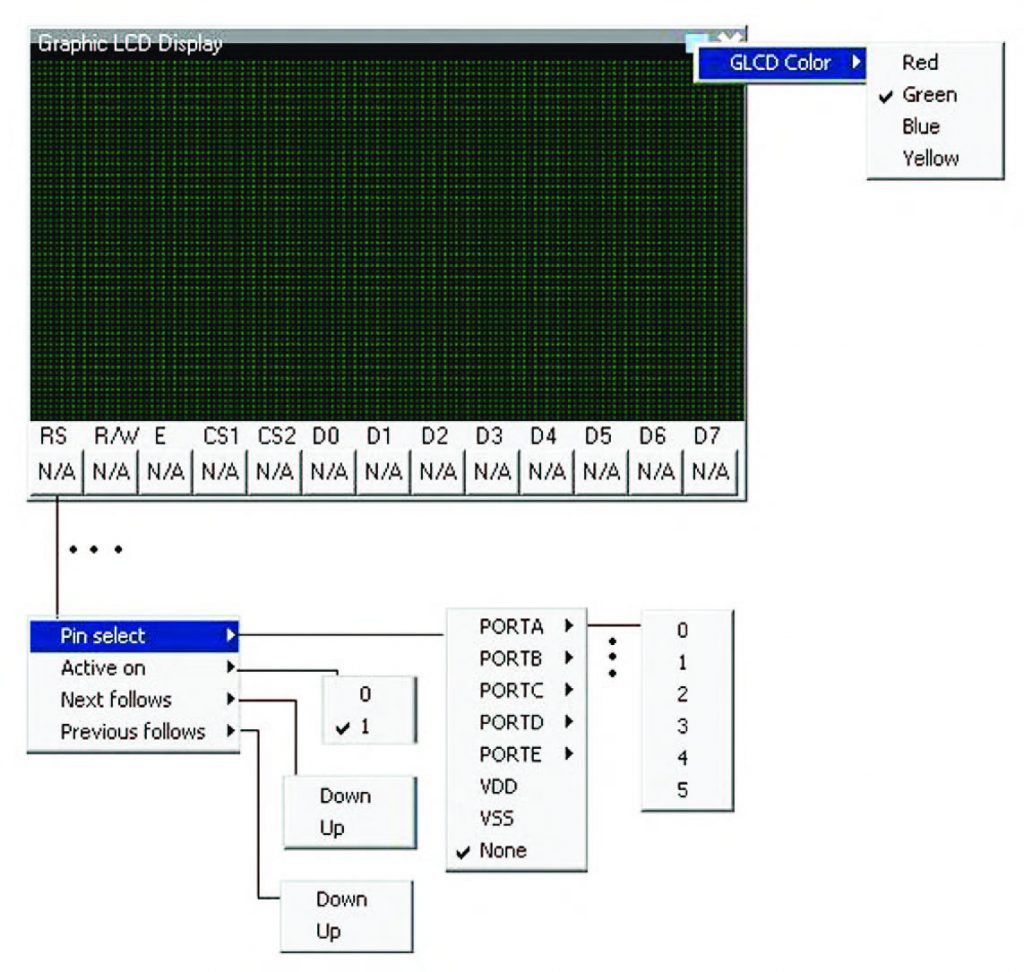 Figura 24: esploso delle funzioni di impostazione del “Display grafico” virtuale (128x64 pixel Samsung KS107/KS108 compatibile).