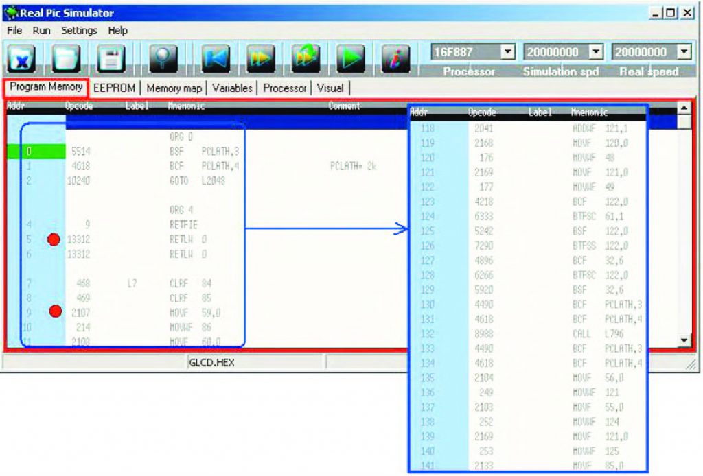 Figura 8: tab panel “Program Memory” (si notino i breakpoint che appaiono evidenziati in rosso).