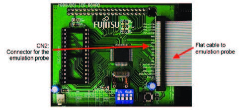 Figura 7: sonda di emulazione collegata alla scheda di sviluppo FMPDC-MB89V201- ADPB.