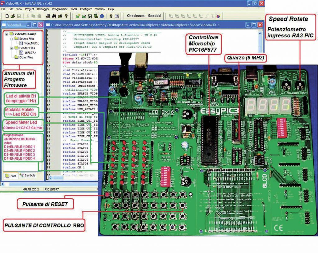Figura 3-Il progetto firmware nell’interfaccia IDE MPLAB e la scheda di sviluppo EasyPic3 per il test hardware e firmware del progetto