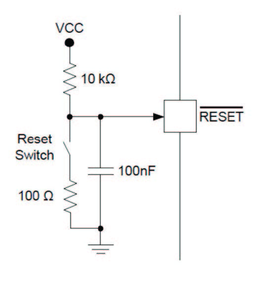 Figura 5. Come pilotare l’ingresso di reset con un pulsante (NB : rimuovere condensatore e pull down quando si usa la porta PDI)