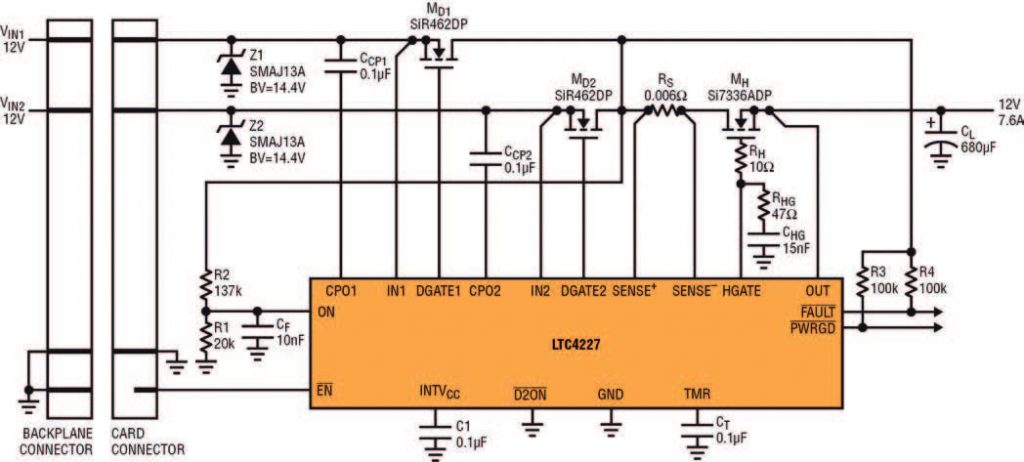 Figura 7. LTC4227 per applicazione con diodo-OR su scheda con controllo Hot Swap