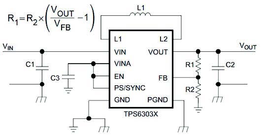 Figura 5-Tipica applicazione dei chip regolatori della serie TPS6303X in configurazione per tensione di uscita regolabile (si noti il percorso di feedback in uscita realizzato attraverso il percorso costituito dalle resistenze R1 ed R2) [4]