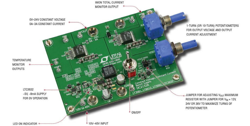 Figura 1. Didascalia della foto della scheda dimostrativa: Il circuito Linear Technology DC2132A è un alimentatore da banco DC efficiente, compatto e dalle prestazioni elevate.