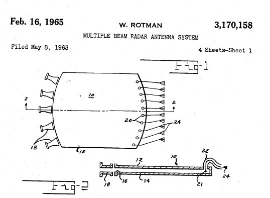 Figura 2: Lente di Rotman ( Credit:  W. Rotman and R.F. Turner, "Wide Angle Microwave Lens for Line Source Applications," IEEE Transaction on Antennas and Propagation, 11(6) pp. 623-632, 1963 )