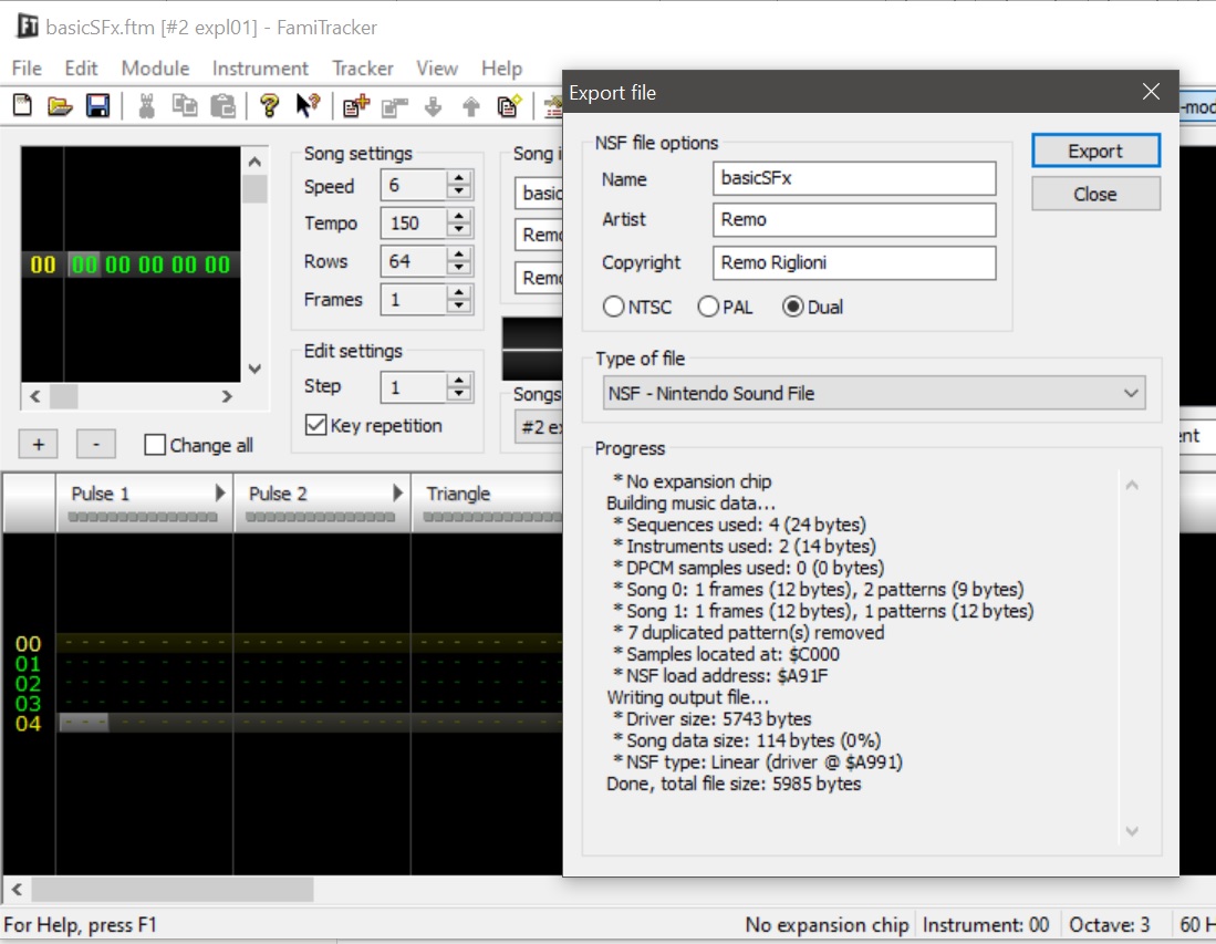 FamiTracker, export to file NSF